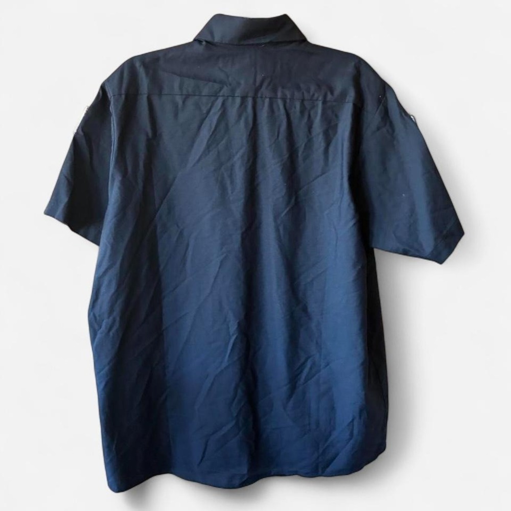 Navy button up work uniform shirt with embroidered name, logo & flag patch Sz S - Picture 4 of 5